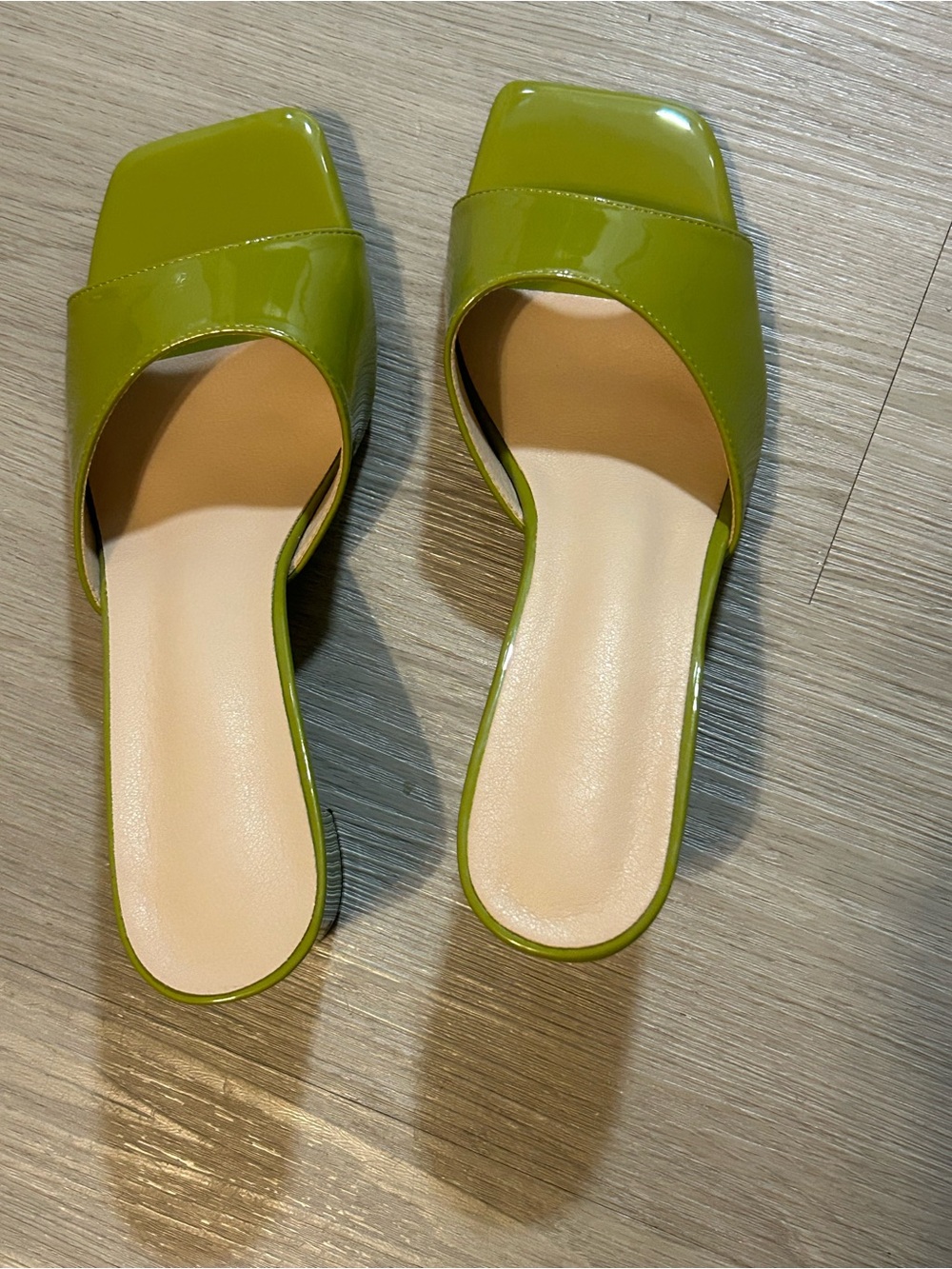 & Other Stories Patent Olive Green Square-Toe Slide Mules